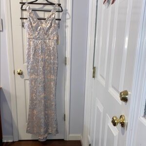 NWT Eliza J gown, sz. 2, blush lining, grey/blue lace overlay.